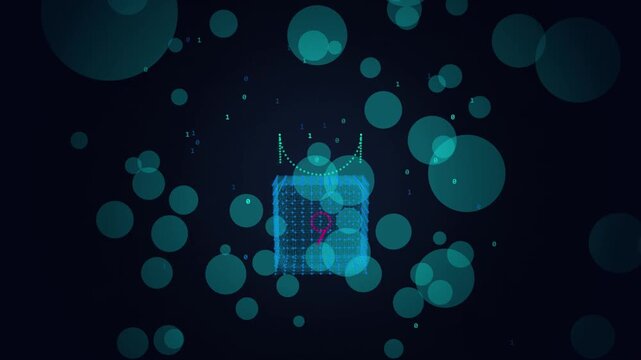 Digital shopping bag wireframe animation with floating binary code and bokeh effects for e-commerce and tech concepts