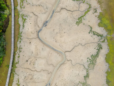 Aerial view of the Pahurehure Esplanade Path winding alongside a tidal mudflat with intricate drainage channels and patches of green vegetation in Papakura, Auckland, New Zealand.