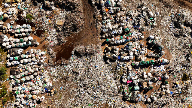 Aerial view of sorted waste bags collected for recycling at a large landfill site in Pretoria, Gauteng, South Africa.