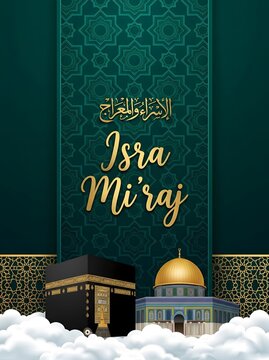 Dark green seamless Islamic pattern background with Isra Mi'raj typography, Kaaba, and Dome of the Rock at the bottom surrounded by clouds.