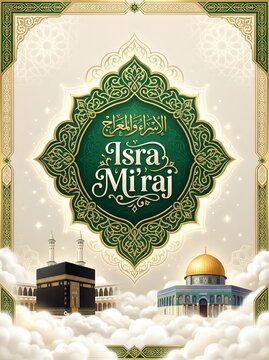 Elegant bright Islamic vector template with green circular pattern frame, Kaaba, Al-Aqsa mosque, and soft cloud background for Isra Miraj.