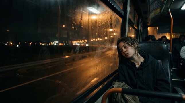 Tired young woman resting head against window of bus or train traveling through rainy night city