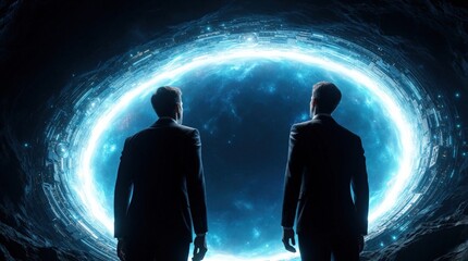 Fototapeta premium Two businessmen stand in silhouette facing glowing blue portal. Professional men look into cosmic wormhole futuristic gateway in deep space. Abstract concept of digital transformation, new