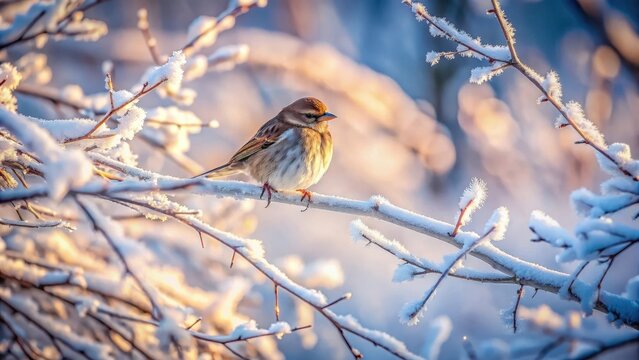 A tiny tit sits serenely in the bare branches of a snowdusted tree against a pale winter morning sky
