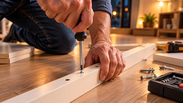 Hands using a screwdriver to assemble white wooden furniture. Suitable for home improvement articles and diy lifestyle commercial background.