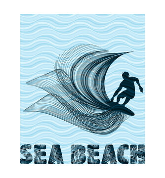 t-shirt print design, illustration of man surfing sea beach typography t-shirt design. abstract white blue green color graphic design apparel clothing . transparent PNG for light  color background.	