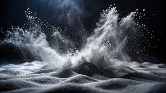 A delicate dance of dust motes suspended in midair frozen in crystalline motion on a velvetblack canvas