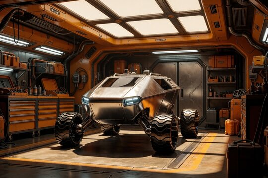 Futuristic metallic rover parked in Martian colony garage. Advanced space vehicle sits among high tech tools, equipment inside orange modular base. Science fiction scene shows interplanetary
