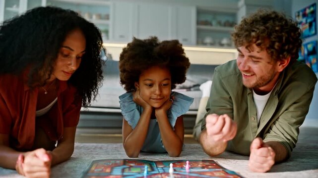 Parents daughter playing board game floor kitchen. Multiracial family home fun.