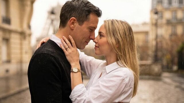 A couple embracing tenderly in front of the Eiffel Tower in Paris, a symbol of romance and timeless love. 