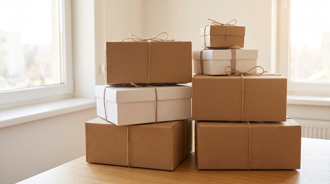 Stack of assorted gift boxes and shipping packages tied with twine on a wooden table near a window