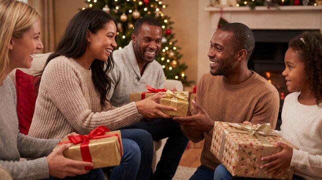 Diverse family exchanging Christmas gifts by a decorated tree and fireplace, sharing joy and laughter