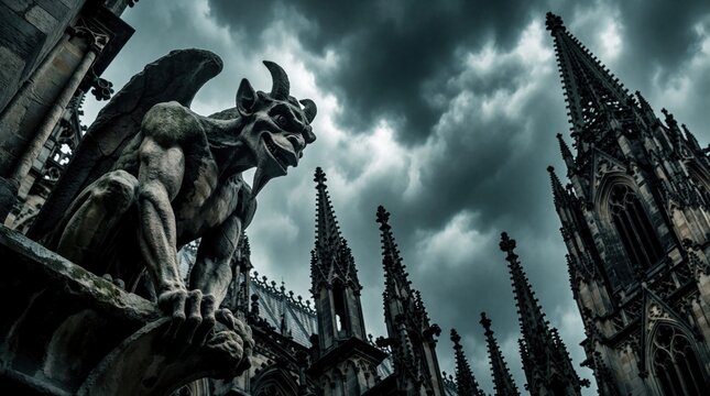Scary stone gargoyle sits on gothic cathedral rooftop. Dark monster statue looks down from medieval building tower during stormy night. Dramatic clouds, rain create moody atmosphere in ancient