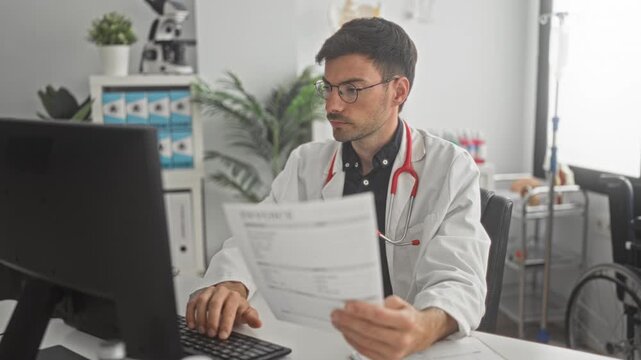 Man doctor reading patient document at computer desk, wearing white coat and stethoscope in clinic building; concentration.