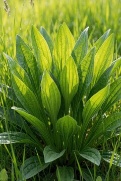 Macro view of green lanceolate plantain leaves growing in wild meadow. Herbal medicinal plant grows in grass field during summer. Close up of fresh botanical flora in natural outdoor garden