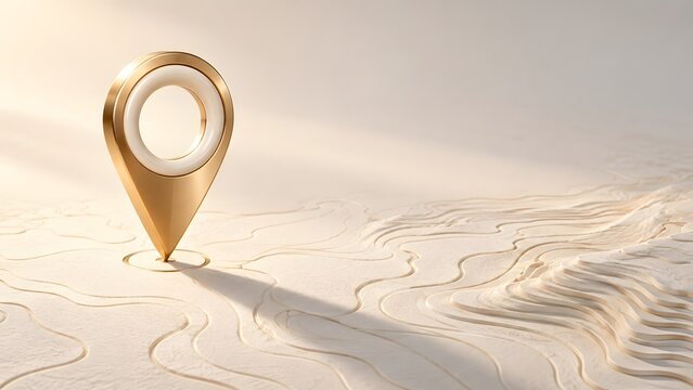 Elegant golden map pin marker placed on a stylized topographic map with soft light and shadows