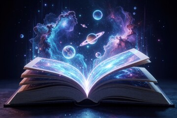 Fototapeta premium Open book with magical universe emerging from pages. Cosmic space with colorful nebulae, planets, stars, galaxies erupts from literature. Fantasy concept of infinite knowledge, imagination, mental
