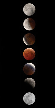 View of the phases of a lunar eclipse showing the moon transitioning from full to blood moon and back against a black night sky in Tampa, Florida, United States.