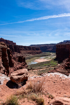 View of the Colorado River winding through red rock canyons at Island in the Sky in Canyonlands National Park, with rugged cliffs and desert vegetation in Moab, Utah, United States.