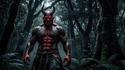Fototapeta premium Powerful Japanese Oni demon stands in dark spooky forest. Red muscular monster with black tattoos, horns looks fierce. Mythical creature with scary mask wanders through misty ancient trees at night.