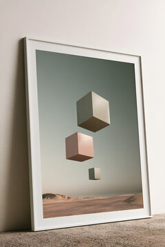 Three floating cubes in a framed surreal geometric artwork, minimalist wall art