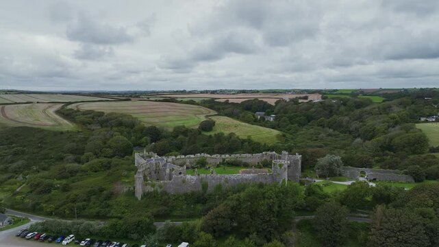Manorbier Castle from a drone, Manorbier, Tenby, Wales, England, United Kingdom