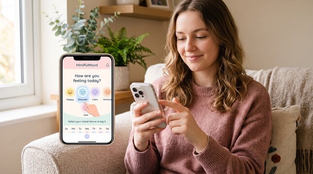 Mood Tracking App: A young woman relaxes on a couch, happily using her smartphone to track her mood on a colorful app. The app interface displays various emotional icons and a progress bar.