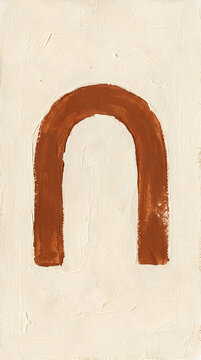 Minimalist terracotta arch painted wall art, abstract boho rust brown u-shape stroke, mid century modern geometric canvas print design