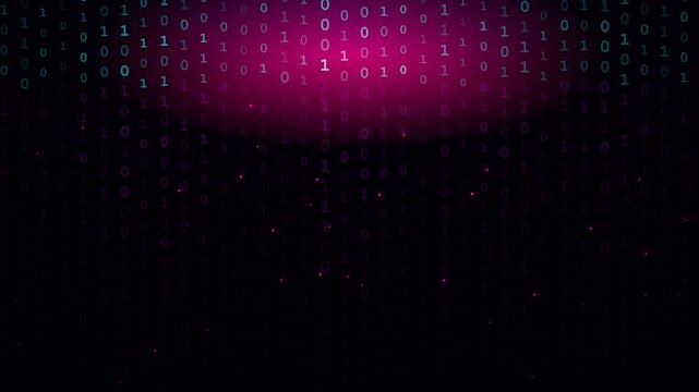Binary code matrix pattern with magenta numeric data stream for programming and cybersecurity communication layout