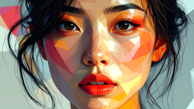 Thoughtful portrait: abstract low poly female face