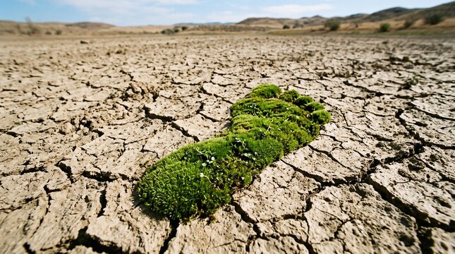A Single Footprint of Hope on Dry Land: A vivid green footprint, composed of moss and tiny white flowers, stands out starkly against the cracked, arid earth.
