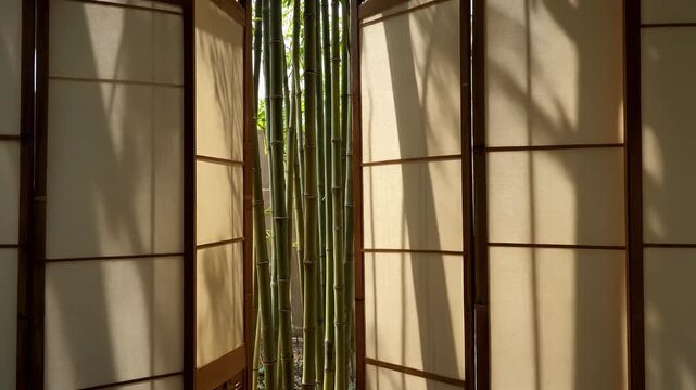 Sunlight patterns dance across traditional Japanese shoji screens, revealing a serene view of verdant bamboo stalks reaching towards the sky, evoking tranquility and natural beauty
