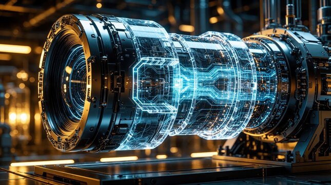 Advanced cyber weapon system uses AI, quantum tech for digital defense. Futuristic machine features glowing blue circuits, complex hardware components. High tech security concept shows data