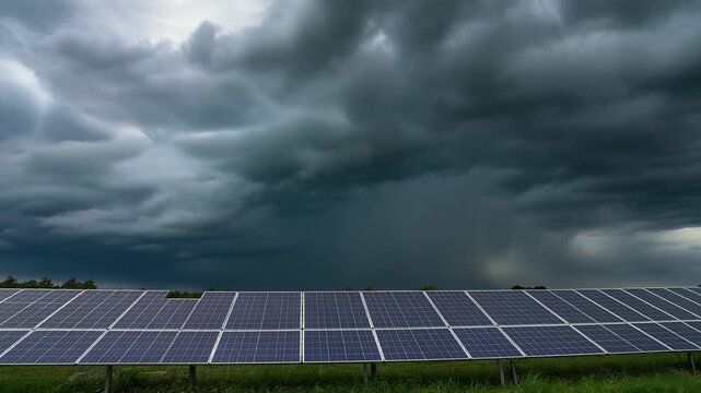Massive storm clouds gather ominously over a vast expanse of photovoltaic panels set against a backdrop of verdant fields, symbolizing renewable energy's resilience