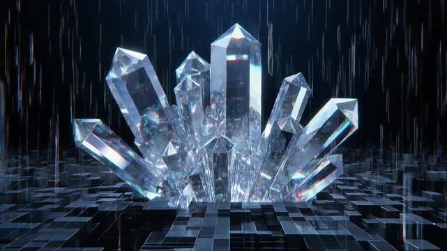 Radiant, faceted crystalline formations emerge from a structured, geometric platform, catching ambient luminescence under a celestial shower of luminous particles