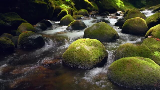 Lush green moss blankets ancient river stones as clear, flowing water cascades over the rocky creek bed, creating a serene and verdant natural landscape perfect for tranquility and environmental