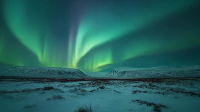 Ethereal green and purple aurora borealis dancing across a vast, snow-covered Arctic landscape under a clear, star-filled night sky creating a breathtaking, awe-inspiring natural spectacle