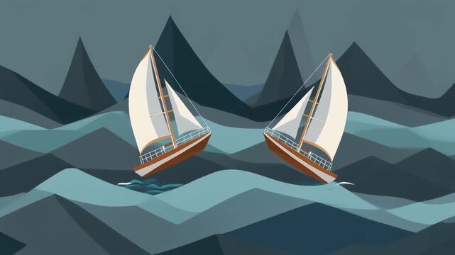 Two majestic sailing vessels with billowing white sails navigate the tumultuous, deep blue ocean amidst a backdrop of dramatic, jagged mountain peaks under a brooding, overcast sky