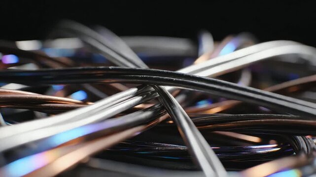 Close-up of tangled copper and silver data cables