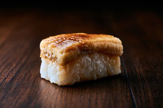 Close up of a single piece of glazed sushi with rice base on a dark wooden surface