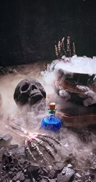 A blue magic potion bottle rests near coal.