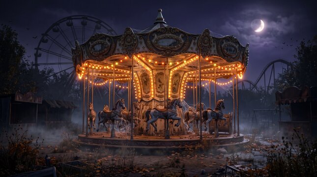 Abandoned Carousel Glowing at Halloween Carnival Night