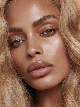 Close-up beauty portrait with wavy blonde hair and glossy makeup