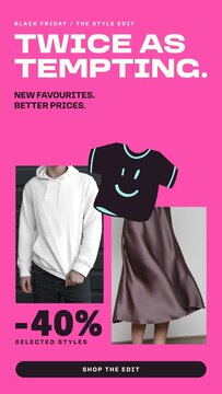 Black Friday Retail Stories / Hot Pink Fashion Sale Story with Two Photo Placeholders, Smiley Tee Doodle and Bold Discount for Clothing Stores and Style Edits / Vertical / Part 04