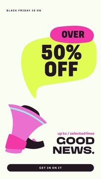 Black Friday Retail Stories / Cream Sale Announcement Story with Megaphone, Lime Speech Bubble and Bold Headline for Sale Launches and Store News / Vertical / Part 06