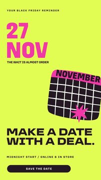 Black Friday Retail Stories / Lime Reminder Story with November Calendar, Big Date and Starburst for Sale Reminders, Save the Date Posts and Store Events / Vertical / Part 10
