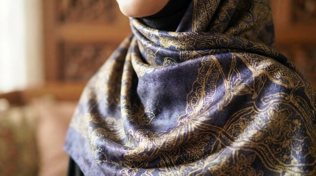 Intricately patterned fabric scarf draped around neck