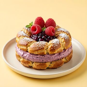 Gourmet Paris Brest Choux Pastry Ring Filled with Berry Cream topped with Fresh Raspberries and Blueberry Jam   