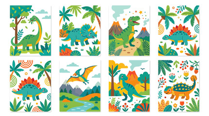 Cute Cartoon Dinosaurs in a Lush Prehistoric Landscape © roziah