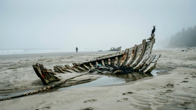 Weathered wooden shipwreck resting on a misty sandy beach with a distant figure